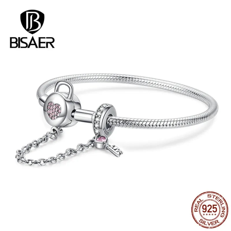 BISAER 925 Sterling Silver Heart Shape Bracelets Lock Clasp Lock Safety Chain Fit Original Charm Bracelet & Bangle Fine Jewelry