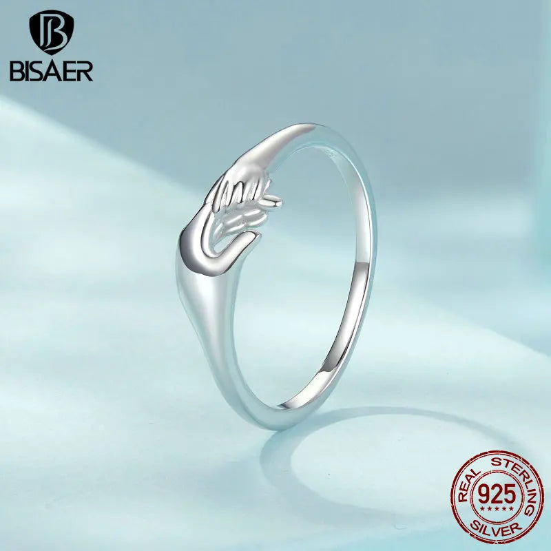 BISAER 100% 925 Sterling Silver Family Ring Hand In Hand Symbolizes Band Plated White Gold for Women Party Fine Jewelry ECR1069