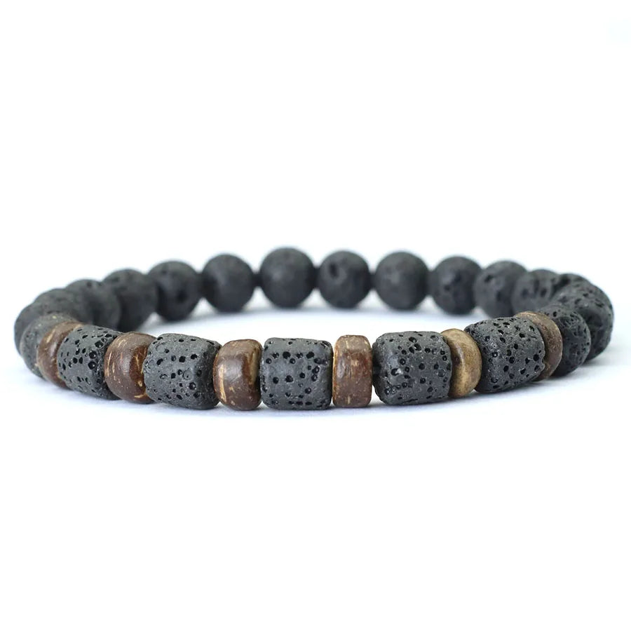 New Mens Wood Bracelet Natural Volcanic Rock Stone Braslet Handmade Prayer Meditation Yoga Braclet Pulsera Madera Hombre Joias