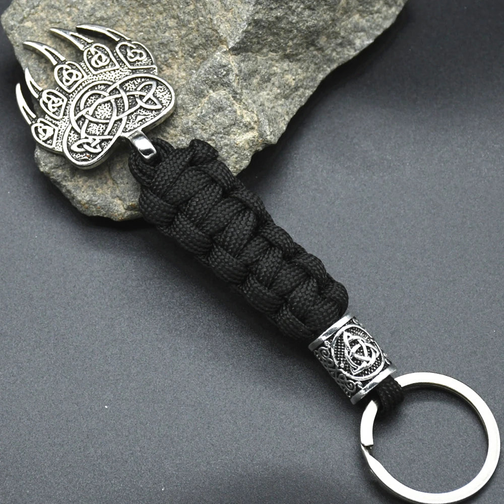 Mens Vikings Bear Claw Keychain Slavic Wolf Paw Handmade Paracord key chain Norse Runes Trinity Pendant Scandinavian Amulet Jewe