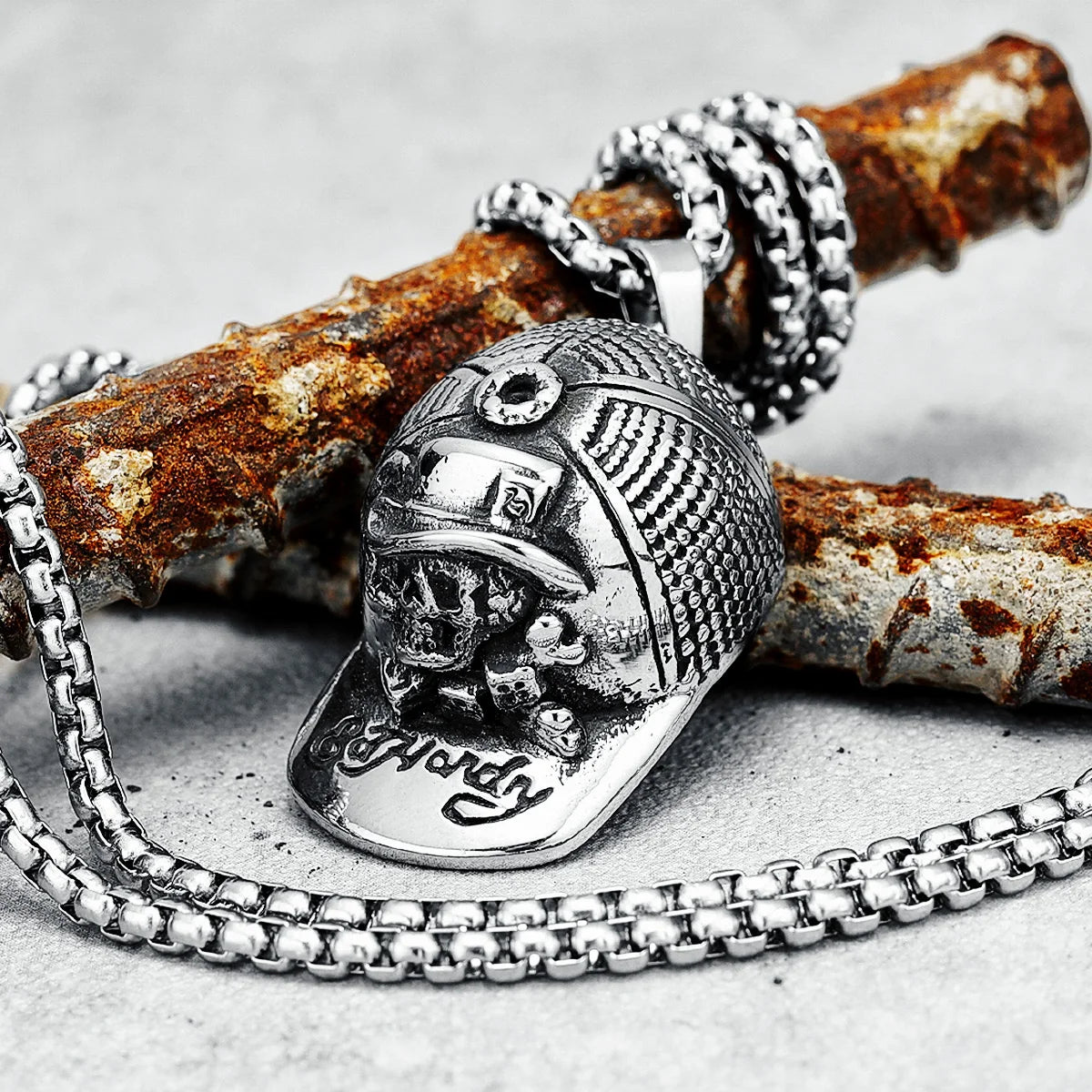 Hip Hop Skeleton Peaked Cap Necklaces 316L Stainless Steel Men Pendant Chain Funk Punk for Friends Biker Rider Jewelry Best Gift