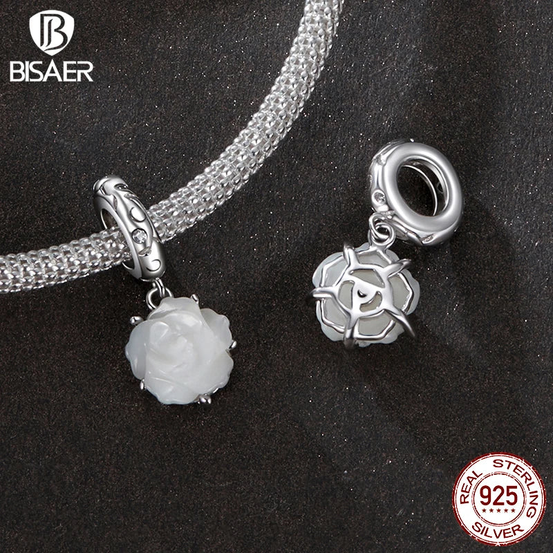 BISAER 925 Sterling Silver Heart Star Charm Forever Family Bead White Rose Pendant Fit Women DIY Bracelet Fine Jewelry Gift