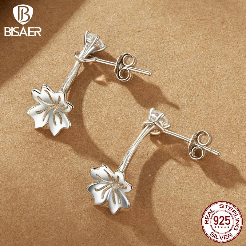 BISAER 925 Sterling Silver Cute Flower Stud Earrings Simple Plants Ear Clip Plated White Gold For Women Girl Party Fine Jewelry