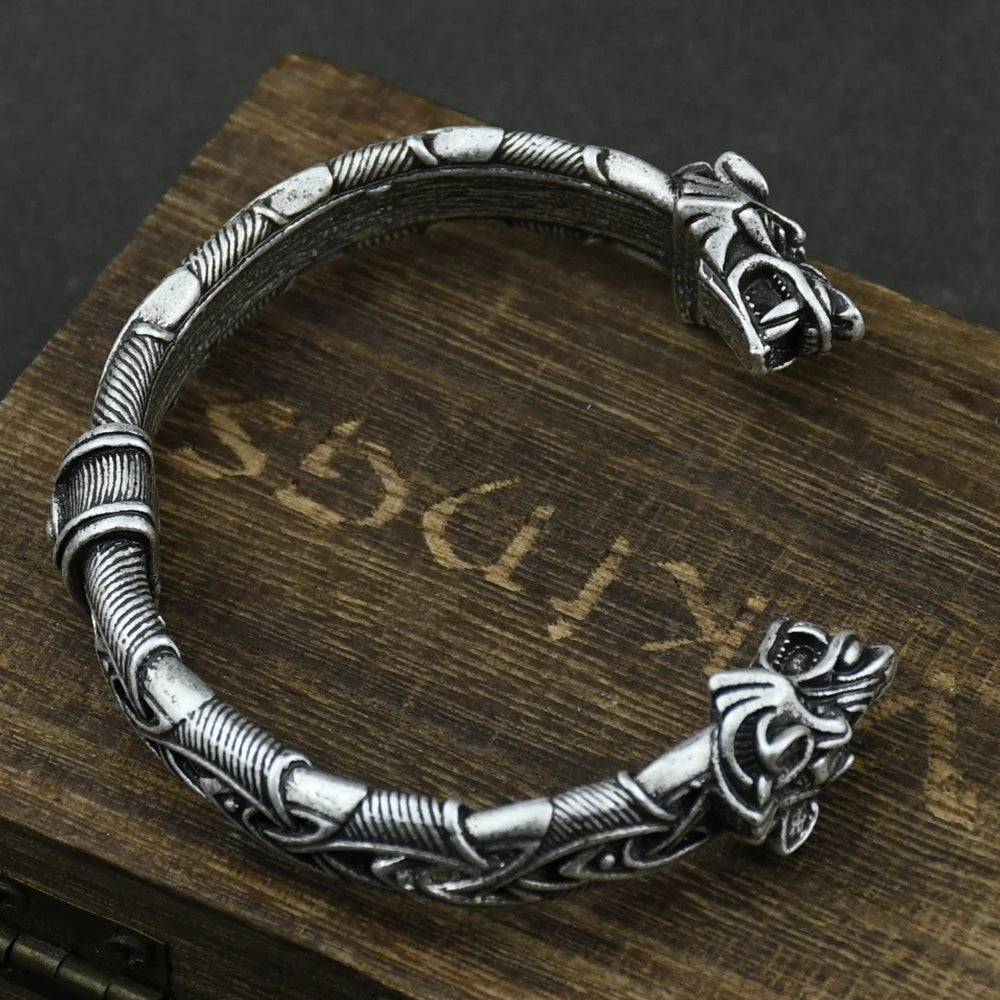 Nordisches Wikinger-Armband mit Wolfskopf, Herrenarmband, Manschettenarmbänder, Wikinger-Armband für Männer und Frauen, Talisman