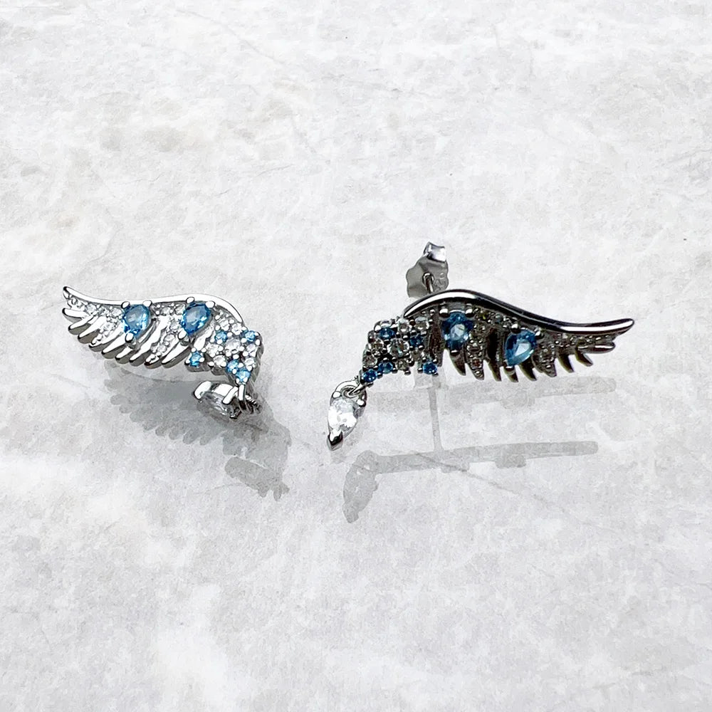 Phoenix Wing with Blue Stones Ear Studs Europe Fine Jewerly For Women Bohemia Gift In Solid 925 Sterling Silver