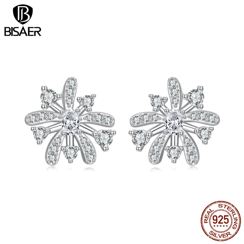 BISAER 925 Sterling Silver Fireworks Stud Earrings Sparkling Stud Ear Plated White Gold for Romantic Women Party Fine Jewelry