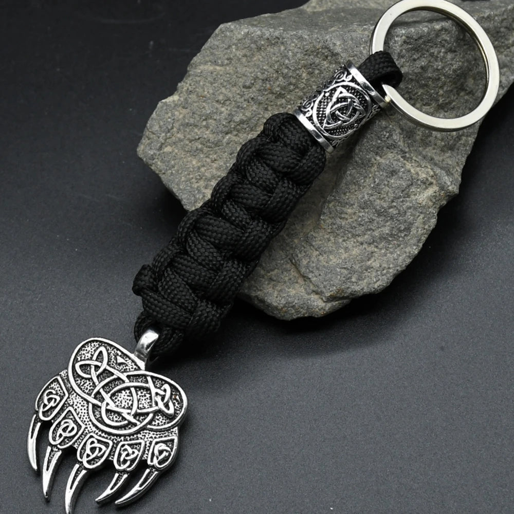 Mens Vikings Bear Claw Keychain Slavic Wolf Paw Handmade Paracord key chain Norse Runes Trinity Pendant Scandinavian Amulet Jewe