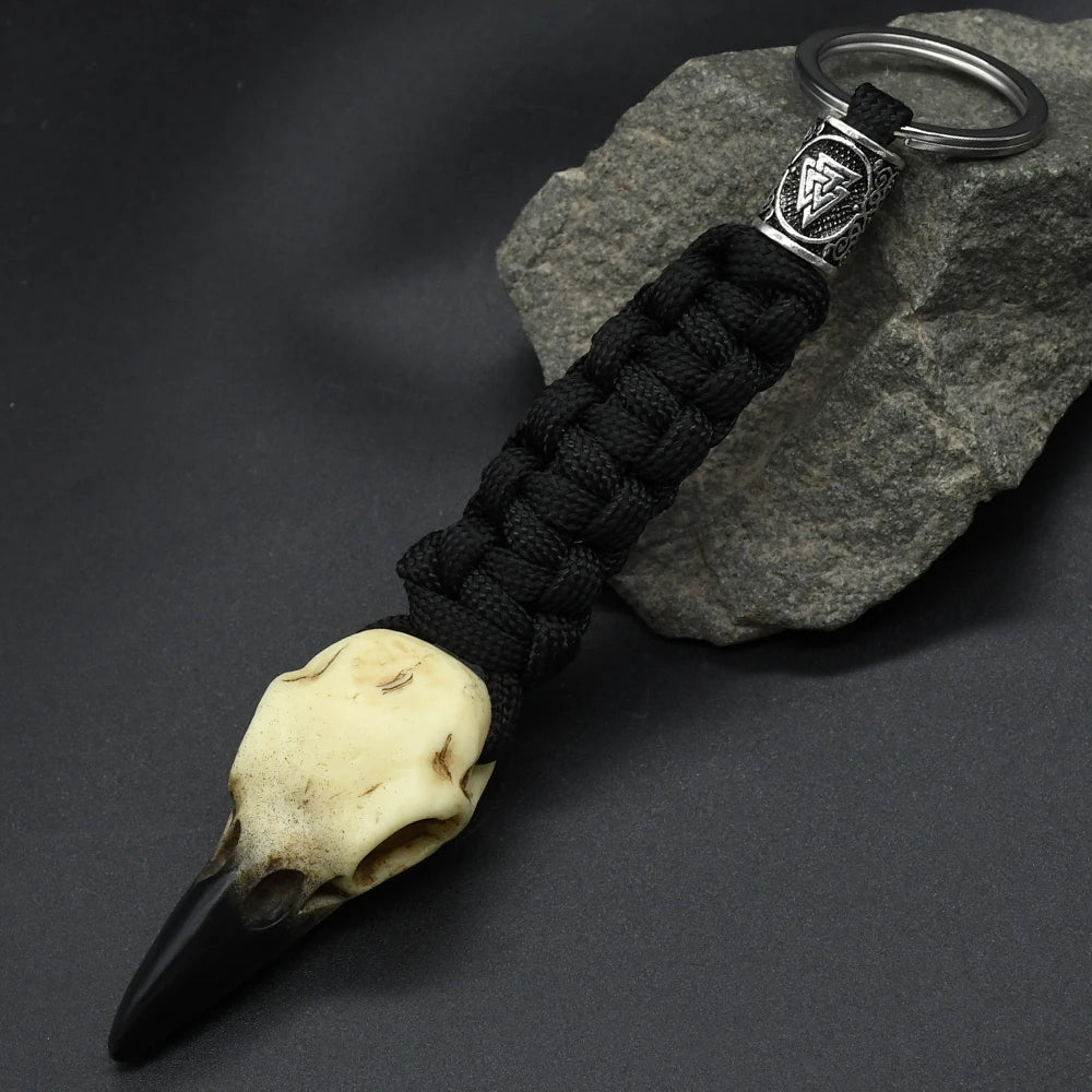 3D Resin Raven Skull Key Chain Mens Nordic Crow Skeleton Runes Bead Survival Paracord Keyholder Accessories Jewelry