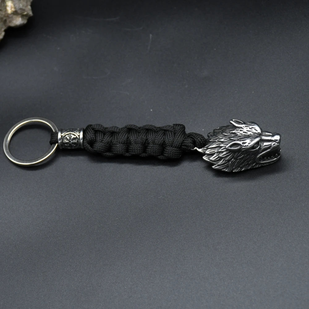 Viking Wolf Head Survival Rope Keychain Men's Stainless Steel Pendant Paracord Keyring Handmade Norse Pirates Rune Amulet Jewelr