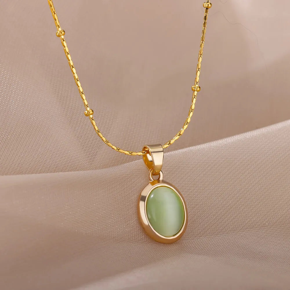 Fashion Stone Opal Oval Necklace For Women Stainless Steel Gold Color Oval Stone Pendant Necklace Wedding Aesthetic Jewelry Gift