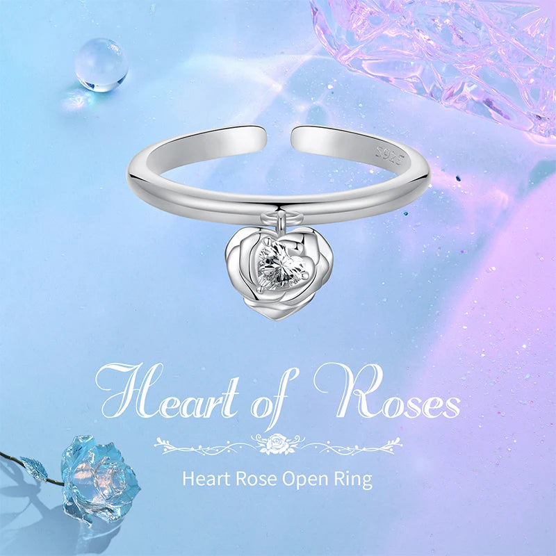 BISAER 925 Sterling Silver Heart Rose Open Ring Flower Adjustable Promise Rings Plated White Gold for Women Wedding Fine Jewelry