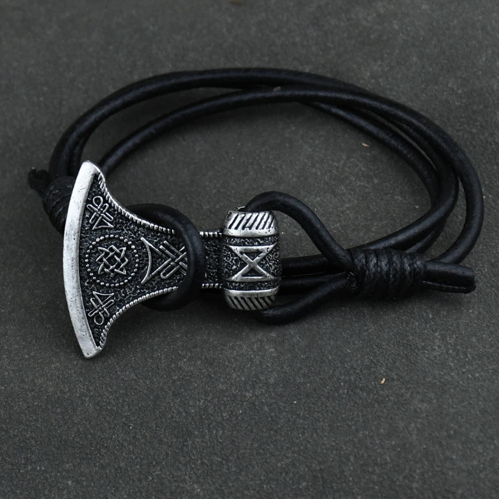 Leather Rope Bracelet Thor Hammer Pendant Axe Bracelet Gothic Men's Viking Bracelet