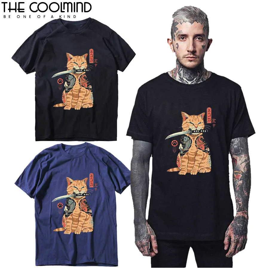 COOLMIND 100% Cotton Short Sleeve Knife Cat Print Men Tshirt Cool Cat Men T Shirt o-neck Loose t-shirt Mens Tee Shirts Tops