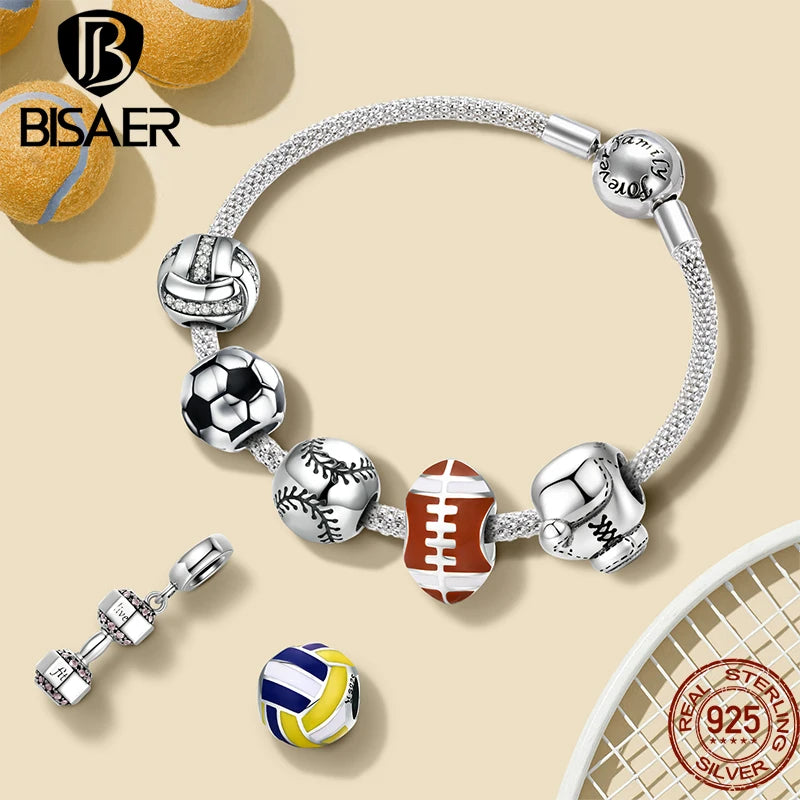 BISAER 925 Sterling Silver Ball Series Charm Football Volleyball Tennis Basketball Dumbbel Pendant Fit Bracelet DIY Fine Jewelry