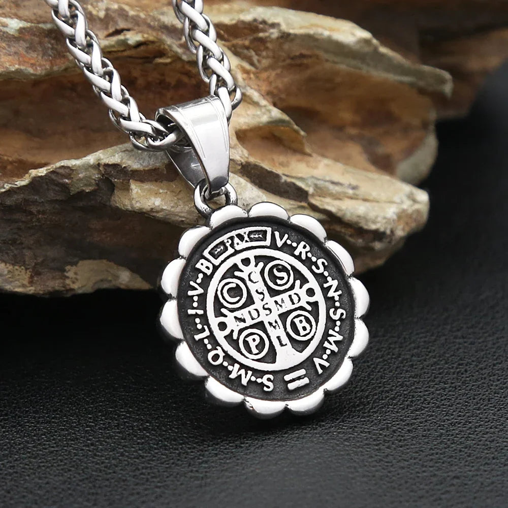 Vintage Fashion Stainless Steel Catholic Saint Benedict Cross Pendant Necklace For Men Punk Biker Amulet Religious Jewelry Gifts