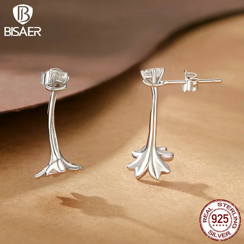 BISAER 925 Sterling Silver Cute Flower Stud Earrings Simple Plants Ear Clip Plated White Gold For Women Girl Party Fine Jewelry