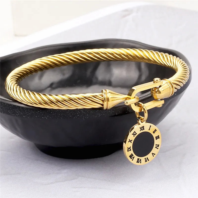 316L Stainless Steel Wire Rope Roman Digital Hang Tag Minimalist Horseshoe Buckle Bracelet Bangle Woman Jewelry