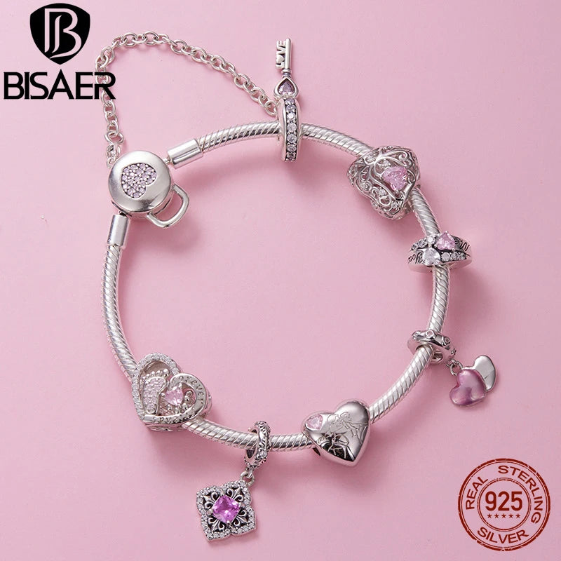 BISAER 925 Sterling Silver Pink Series Charm Heart Safety Chain Bead Pendant Fit Bracelets Mother's Day Lovers Fine Jewelry Gift