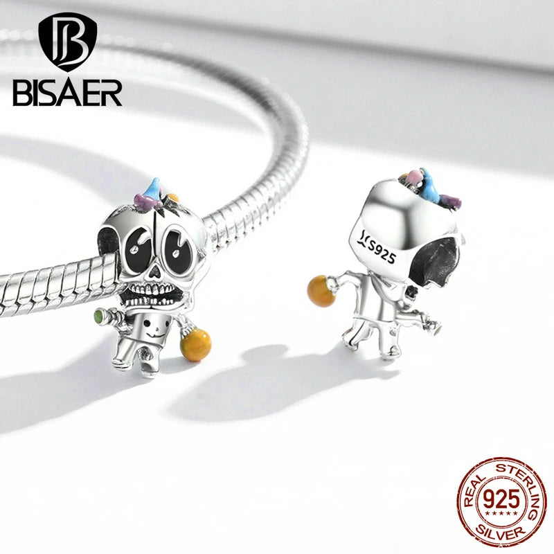 BISAER Halloween Series 100% 925 Sterling Silver Charm Skull Ghost Pumpkin Witch Bead for Woman Bracelet Fine Jewelry ECC1955