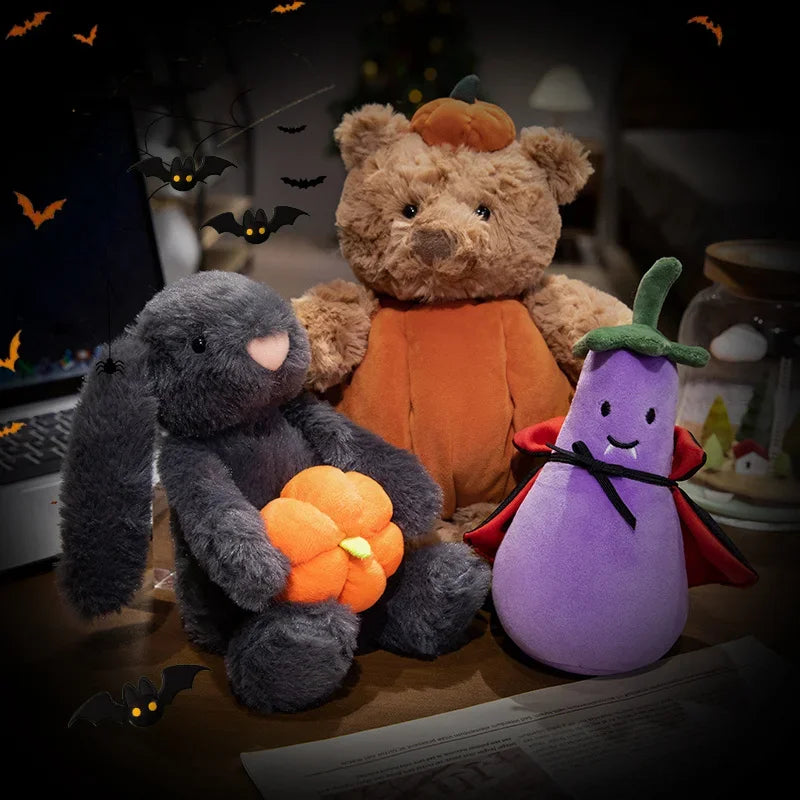 1pc Cute Black Rabbit Hold Pumpkin Plush Toys Soft Pumpkin Bear Earphone &cloak Eggplant Stuffed Doll Halloween Trick or Treat