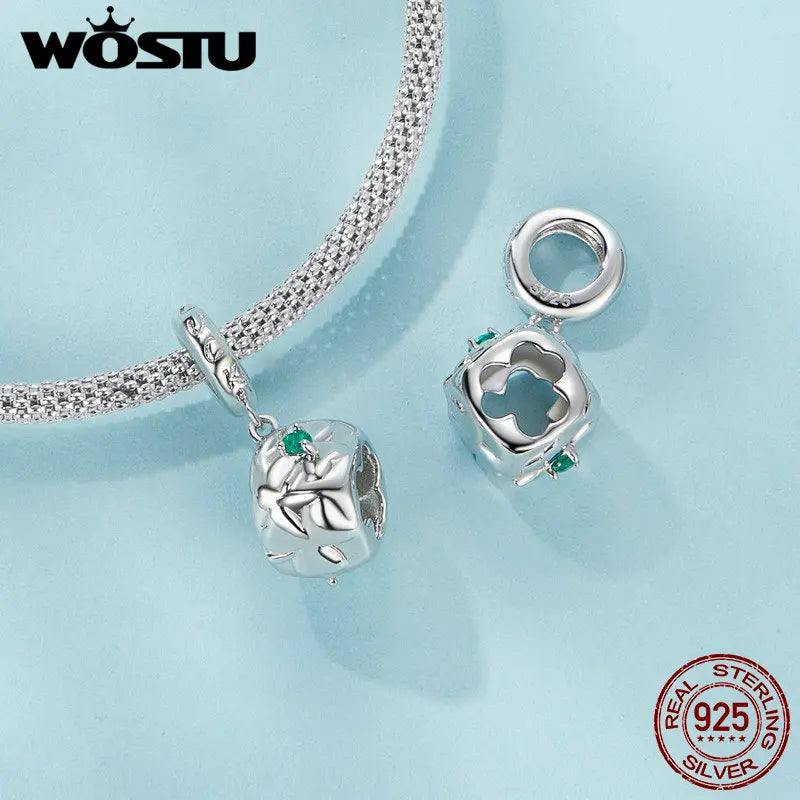 WOSTU Real 925 Sterling Silver Four-leaf Clover Dice Pendant DIY Necklace Chain With Zircon For Women Original Fine Jewelry Gift