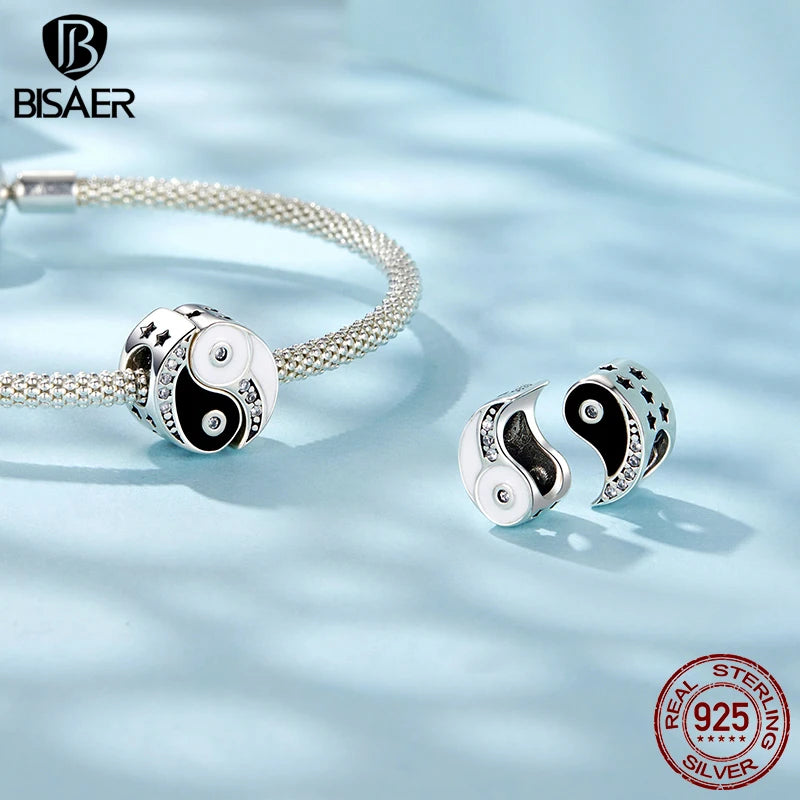 BISAER 925 Sterling Silver Taiji-Bagua Yin & Yang Enamel Process Bead for Women DIY Bracelet & Necklace Fine Jewelry Gift