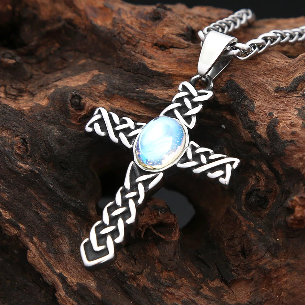 New Fashion Viking Celtics Knots Cross Pendant Necklace For Men Women Stainless Steel Gemstone Necklaces Nordic Amulet Jewelry