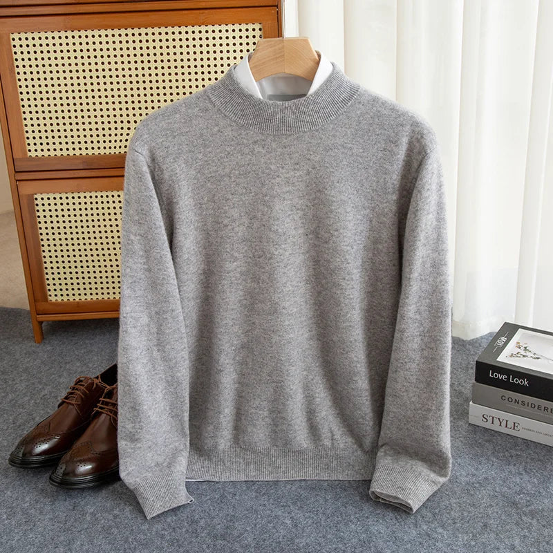 New Fashion Men's 100% Wool Pullover Half-high Collar Sweater Autumn Winter Warm Solid Color Knit Sweater Business Casual Top