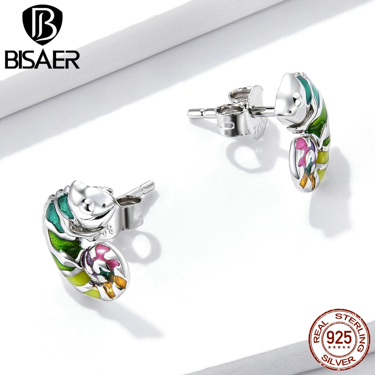 BISAER 925 Sterling Silver Caméléon Set Émail processus Boucles d'oreilles Anneau ouvert Plaqué Platine Pour Femmes Fête Fine Bijoux Cadeau