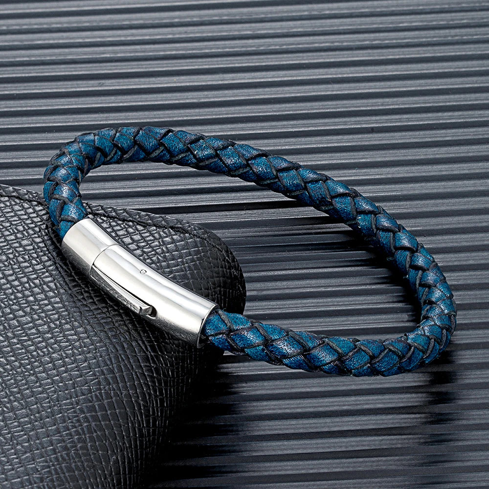 MKENDN Classic Simple Style Men Women Vintage Braided Genuine Blue Leather Bracelet Stainless Steel Magnetic Bracelet Gifts