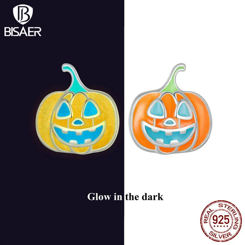 BISAER 925 Sterling Silver Glow-in-the-dark Pumpkin Stud Earrings Luminous Earrings for Women Party Halloween Fine Jewelry Gift