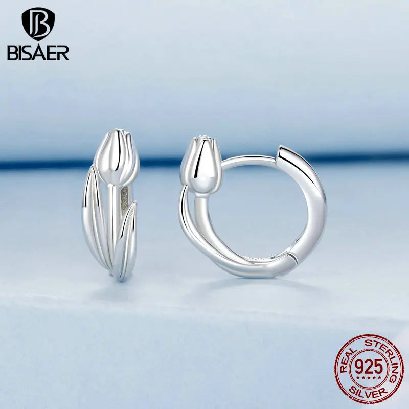 Boucles d'oreilles créoles tulipes en argent sterling 925 BISAER hypoallergéniques plaquées or blanc pour femme fête bijoux fins cadeau