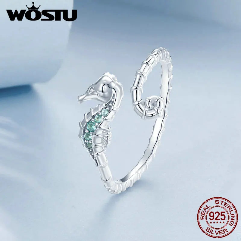 Genuine 925 Sterling Silver Green Seahorse Opening Ring