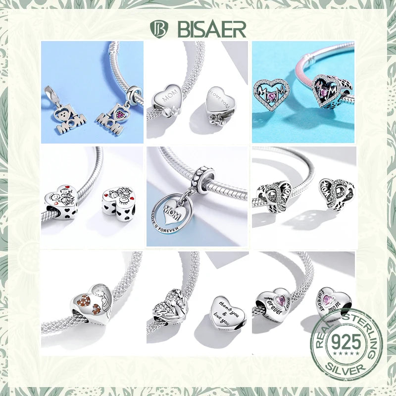 BISAER 925 Sterling Silver Heart Series Charm Bead Colorful Zircon Pendant Fit Family Mother's Day Birthday Bracelet DIY Jewelry