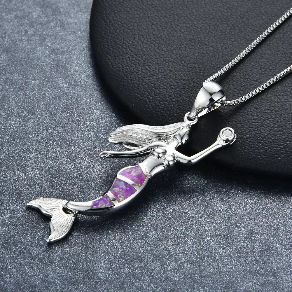 New Hawaiian Island Opal Mermaid Pendant Necklace For Teen Girls Fashion Jewelry Long Chain Necklace