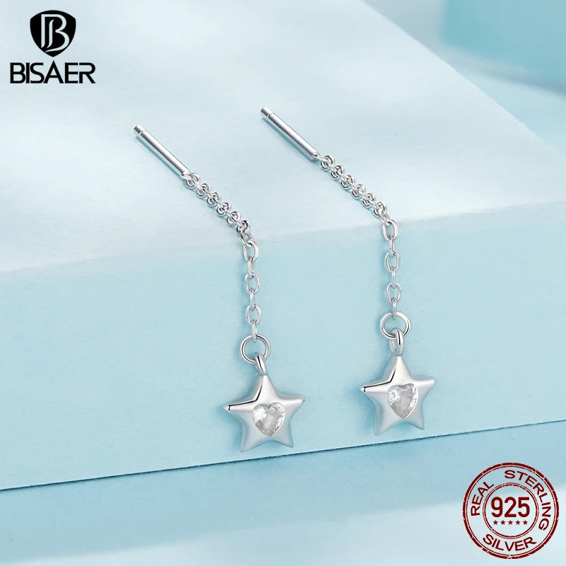 BISAER 925 Sterling Silver Snowflake Ear Threads Butterfly Star Four-leaf Clover Earrings Plated White Gold For Women Jewelry