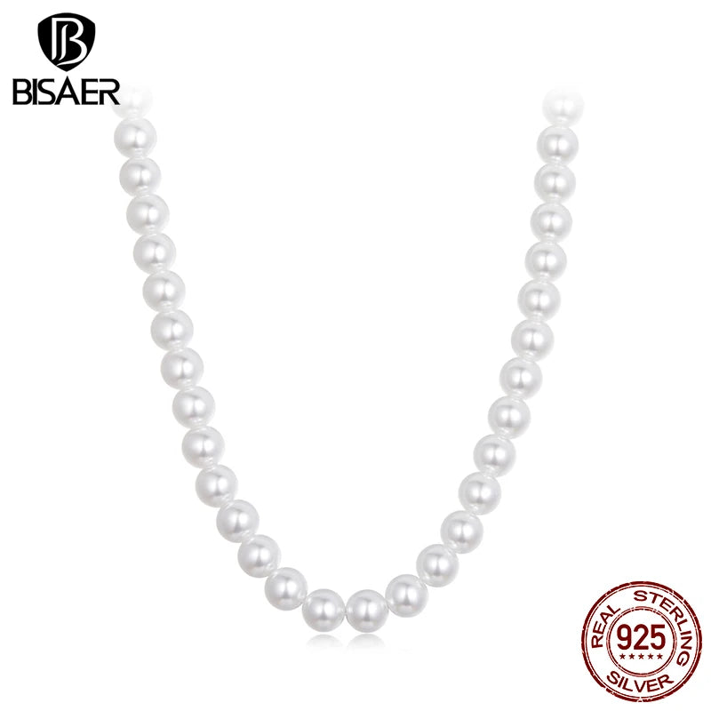 BISAER 925 Sterling Silver Pearl Necklace Minimalist Adjustable Chain Plated White Gold for Elegant Women Party Fine Jewelry