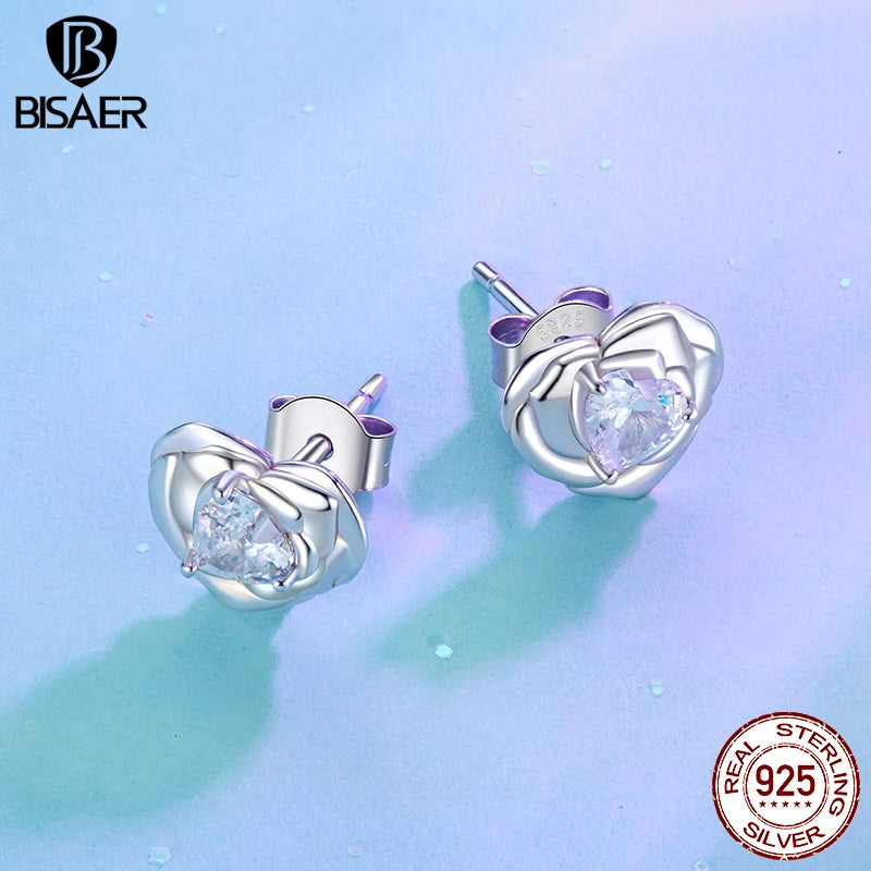 BISAER 925 Sterling Silver Heart Rose Open Ring Flower Adjustable Promise Rings Plated White Gold for Women Wedding Fine Jewelry