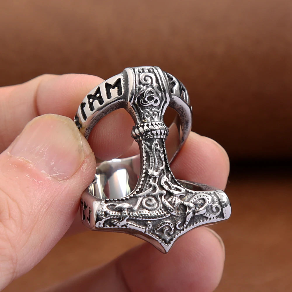 Classic Vintage Viking Thors Hammer Ring For Men Stainless Steel Nordic Odin Rune Rings Fashion Amulet Jewelry Gift Dropshipping