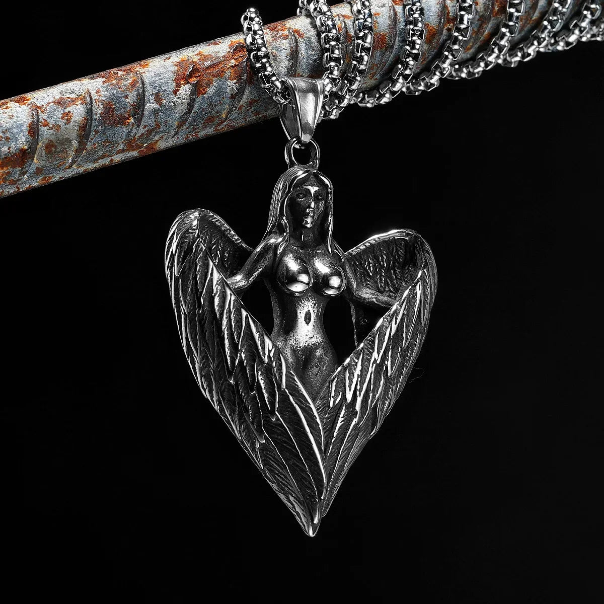 Heart Wings Necklace Angel Pray Pendant Stainless Steel Men Chain Hip Hop Rock Aestheticism Jewelry Punk Xmas Gift for Friend