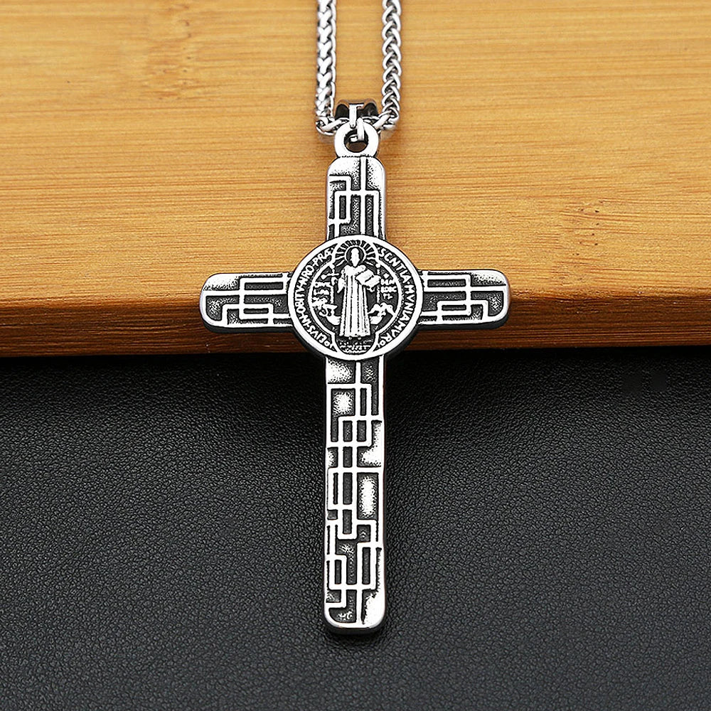 Vintage Catholic Jesus Cross Pendant Necklace Stainless Steel Fashion Saint Benedict Cross Necklace For Men Women Amulet Jewelry