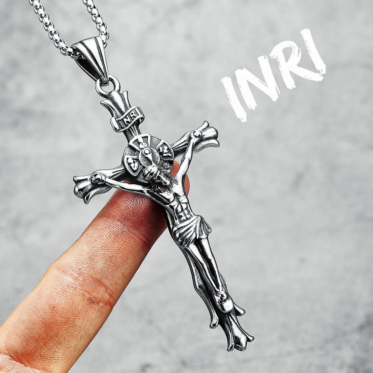 Jesus Cross Pendant INRI 316L Stainless Steel Men Necklace Retro Golden Plated Chain Religion Rap Belief for Friend Jewelry Gift