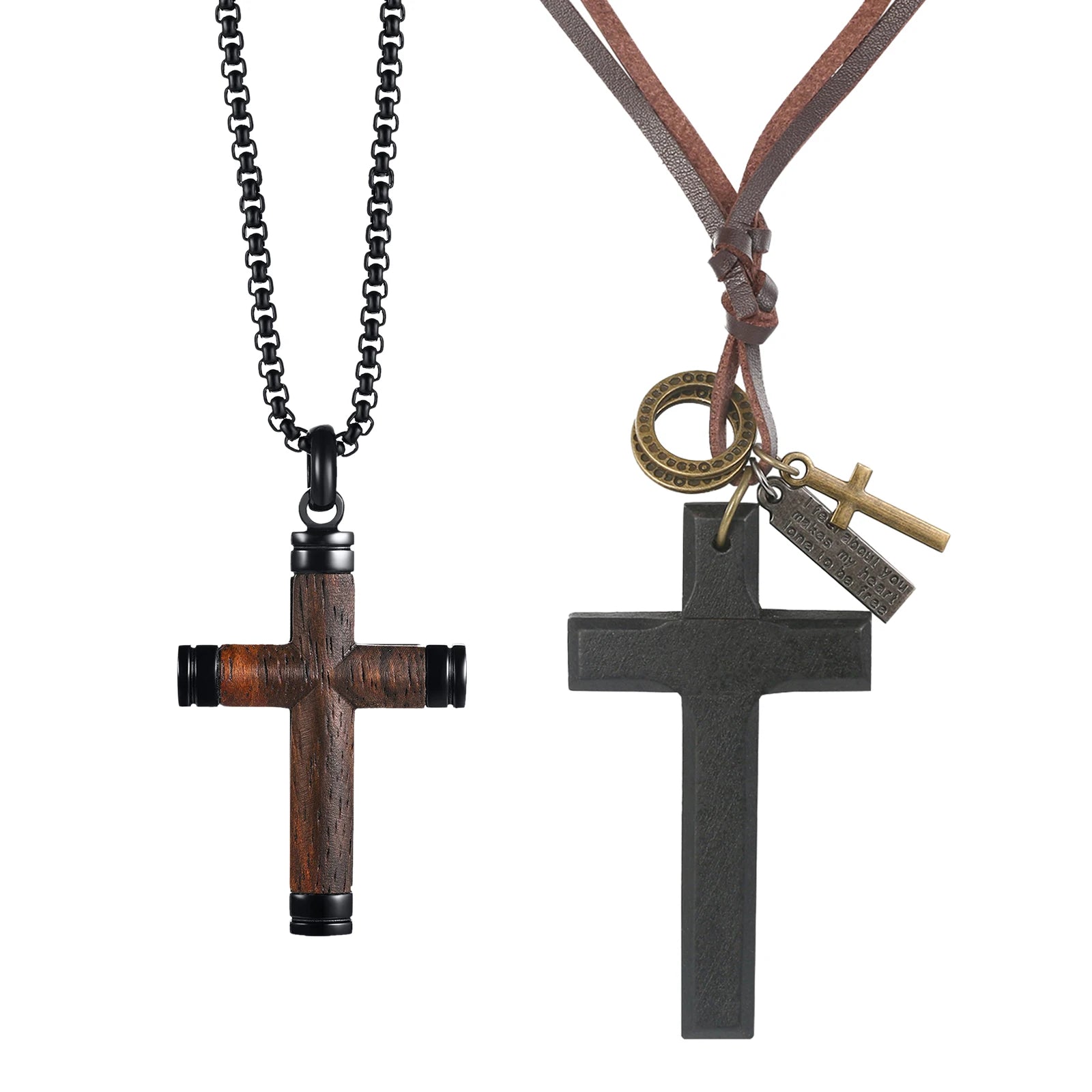 BONISKISS 2PC Vintage Wooden Stainless Steel Chain Cross Pendant Christianity Adjustable Leather Rope Necklace for Men and Women