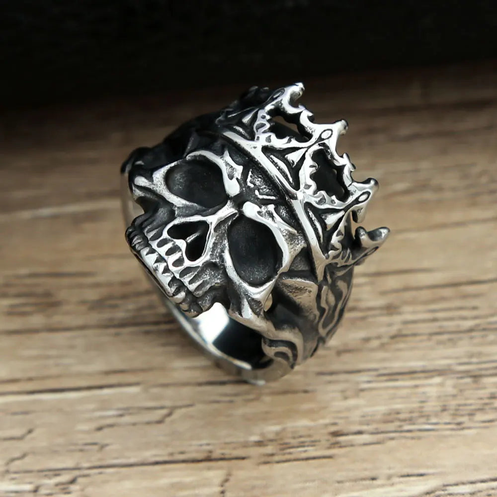 Vintage Gothic Crown Calvarium Skull Punk Ring Men 316L Stainless Steel Halloween Fashion Jewelry Gift For Boyfriend Size 7-13