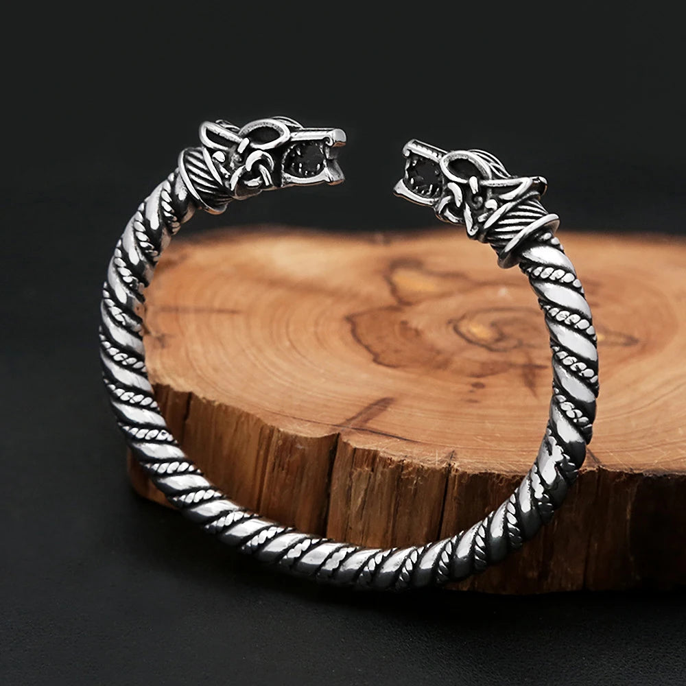 Norse Vikings Stainless Steel Dragon Head Cuff Bracelet Men's Punk Retro Viking Animal Amulet Opening Bangles Fashion Jewelry