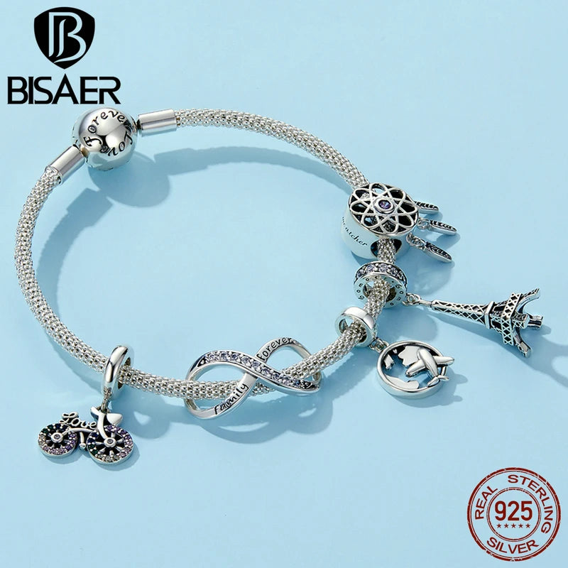 BISAER 925 Sterling Silver Airplane Pendant Boy Girl Family Eiffel Tower Charm Bag Heart bead Fit Bracelet DIY Fine Jewelry GIft