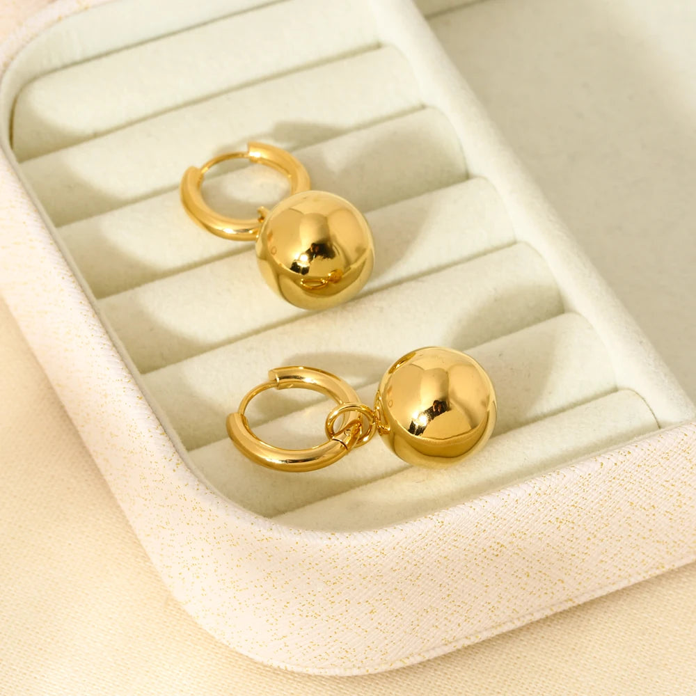 New 16K Gold Plated Convertible Earrings Stainless Steel Round Ball Dangle Earrings for Women Waterproof Jewelry Gift