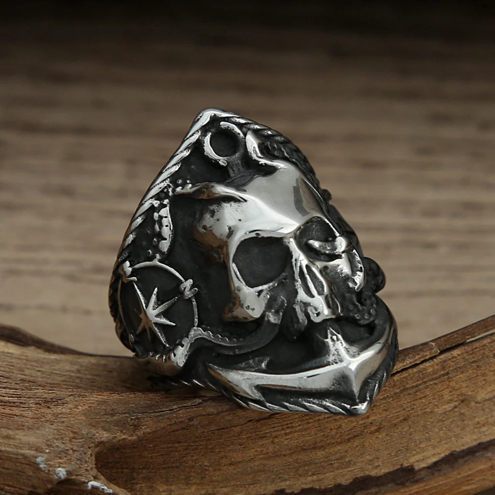 Anillo de acero inoxidable 316L con diseño de calavera pirata, estilo gótico, punk, pirata y motorista, con diseño de brújula de adsorción y ancla de pulpo pirata único para hombre