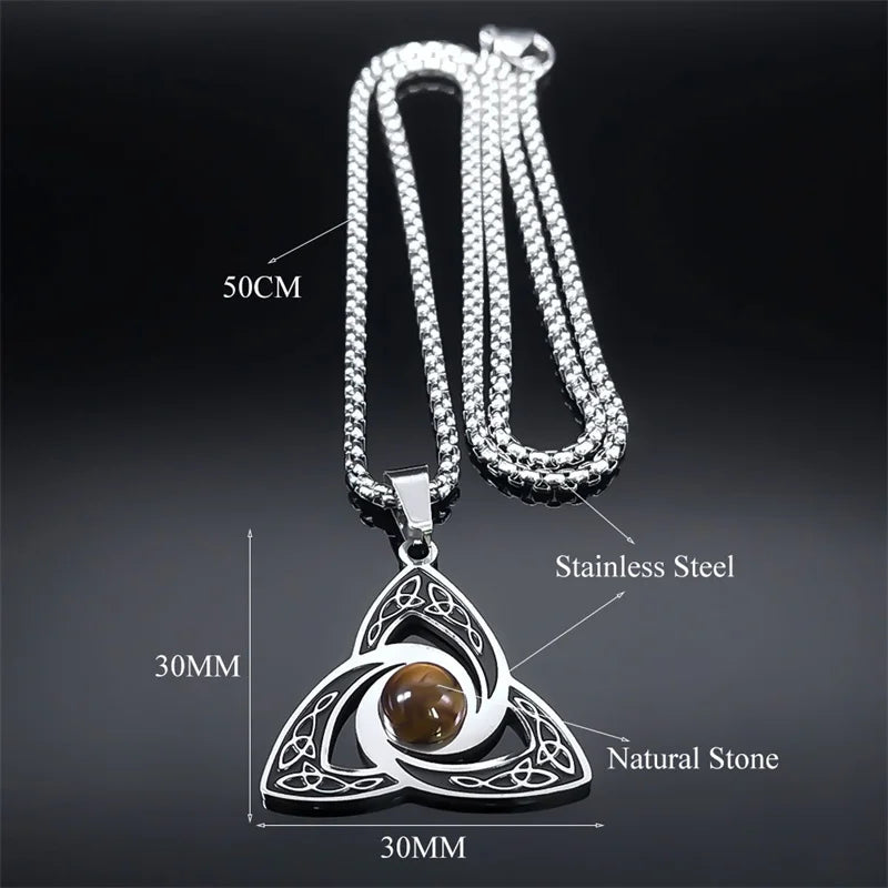 Viking Trinity Knot Necklace for Women Men Stainless Steel Tiger Eye Witch Irish Celtic Lucky Amulet Chain Jewelry N3806S02