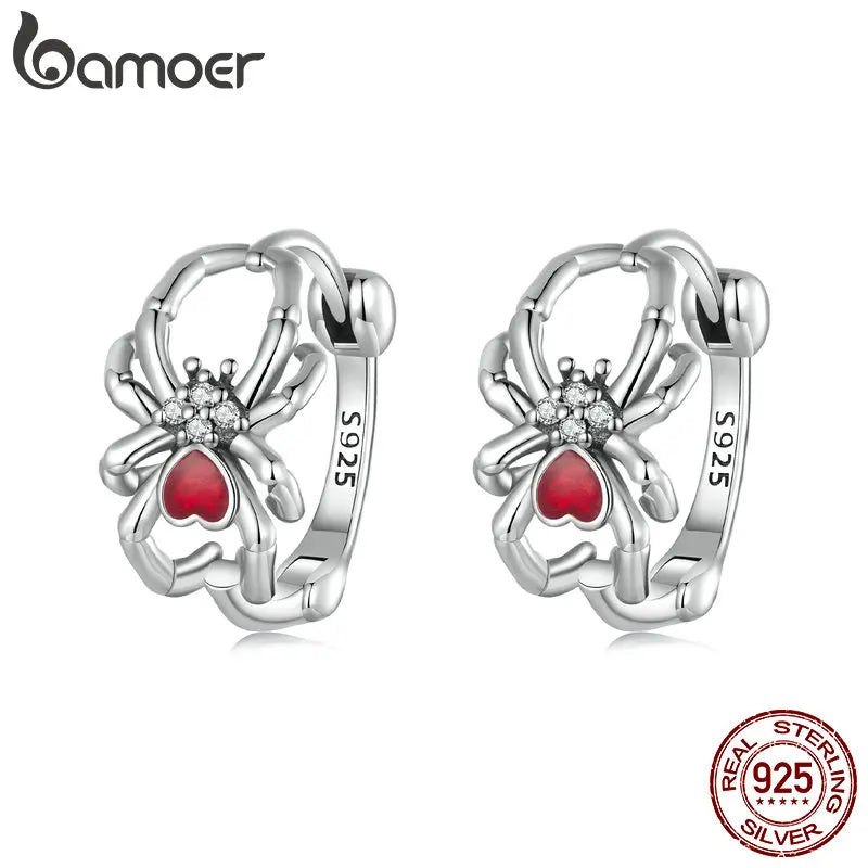 BAMOER Solid 925 Sterling Silver Halloween Spider Earrings for Women Hypoallergenic Hoop Earrings Birthday Jewelry Gift SCE1799